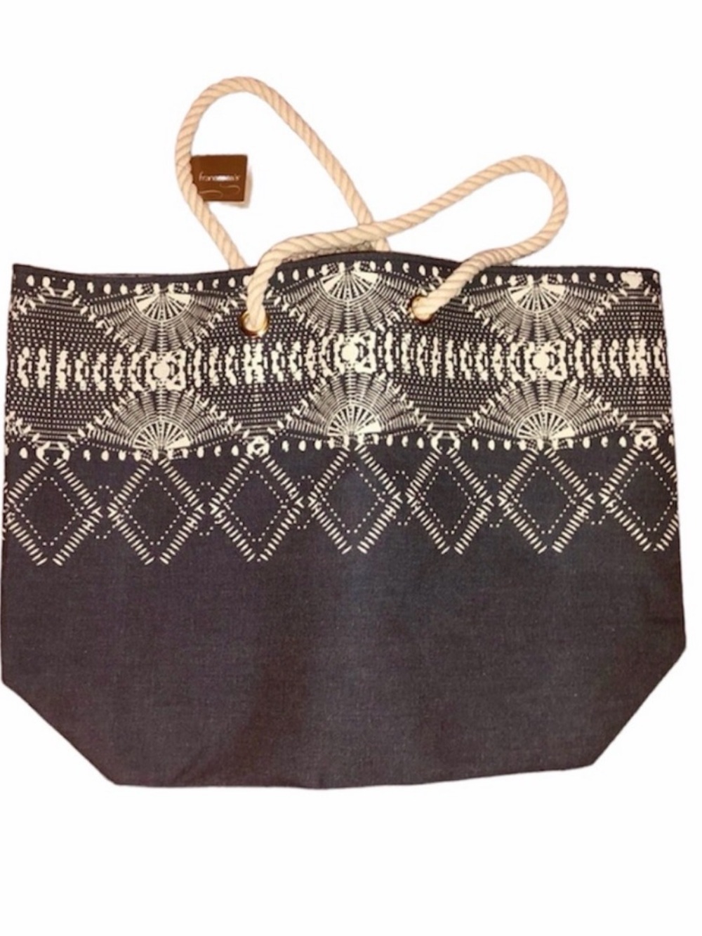 NWT Francesca’s Navy Blue Embroidered Rope-Handle Tote Bag